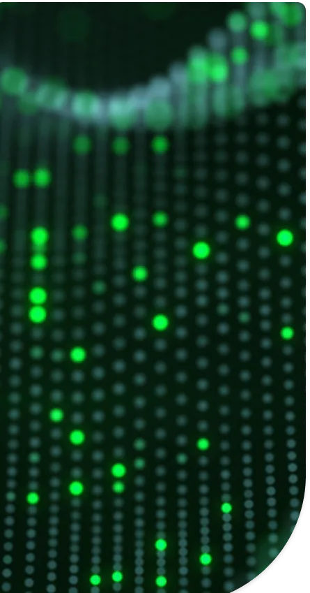 Abstract digital background with vertical lines of glowing green dots on a dark surface, creating a futuristic or data visualization effect.